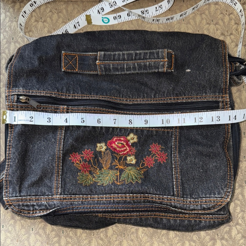Embroidered Denim Messenger Bag